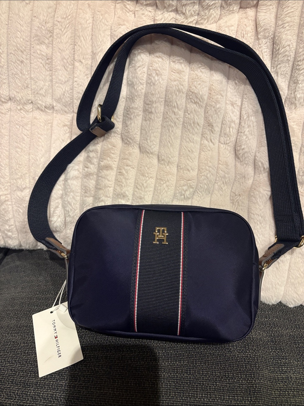 BNWT Authentic Tommy Hilfiger Navy Crossbody with Red and White Center Stripe